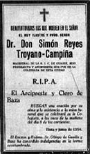 Necrológica informando de la muerte de Simón de los Reyes Troyano.